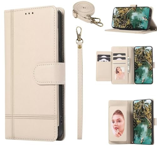 Beajew Case Collection für Xiaomi 13 lite- Premium Qualität Leder Handyhülle | Magnet-Verschluss | Klappständer | Geld und Kartenhalter Hüllen | mit Spiegel - Beige