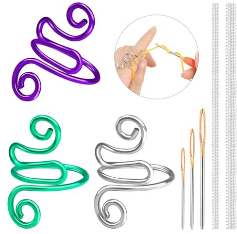 ENCHOL Häkelringe für Finger, verstellbarer Strick-, Häkel-, Häkel-, Spannring-Set mit Ringgrößenversteller und Nähnadel, farbige offene Garnführung mit Aufbewahrungsbox für Handweben, 3 Stück