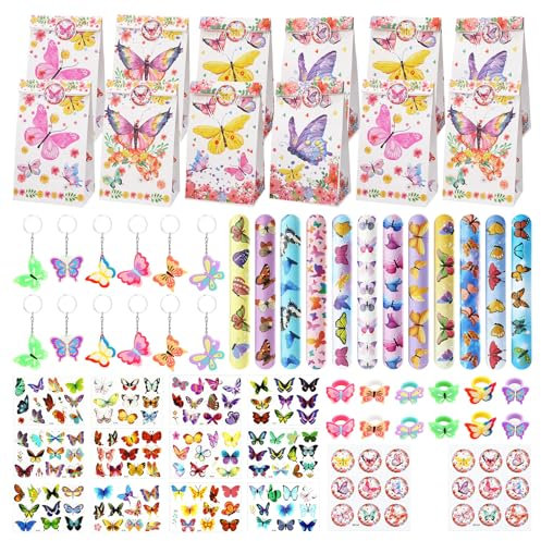 Lvefyti Schmetterling Party Mitgebsel Kindergeburtstag Mädchen Geschenke, Schmetterling Geburtstagstüten Schnapparmband Tattoos Aufkleber, Ring Schmetterling Schlüsselanhänger