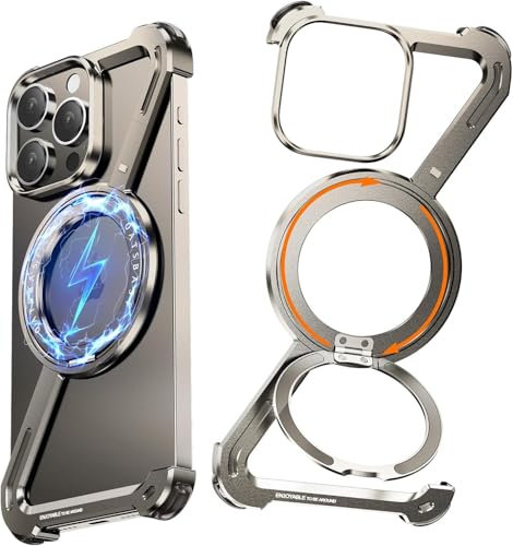 NIFBANG Z Shape Natural Titanium for iPhone 15 Pro Phone Case,Frameless with Stand,360°Rotating Magnetic Kickstand Ring Protective Cover,Slim Shockproof Bumper in Cases for iPhone 15 Pro