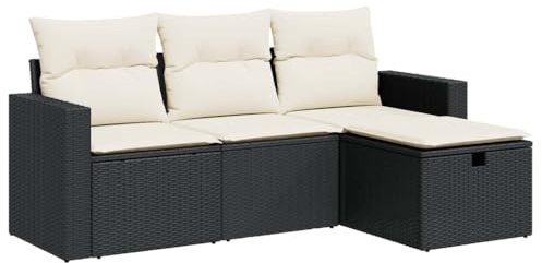 vidaXL 4-TLG. Garten-Sofagarnitur mit Kissen Schwarz Poly Rattan, Outdoor Sofa Set, Outdoor Sofagarnitur, Garten-Lounge-Set, Garten Sofagarnitur