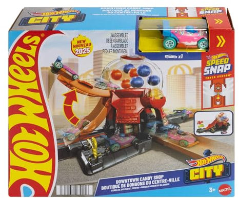 Hot Wheels Spielzeugauto Trackset, Kaugummiautomat-Spielset im Maßstab 1:64 mit Die-Cast-Auto in Donut-Form, Track-Schnellstecksystem, Süßigkeitenladen in der Stadt,JBM62