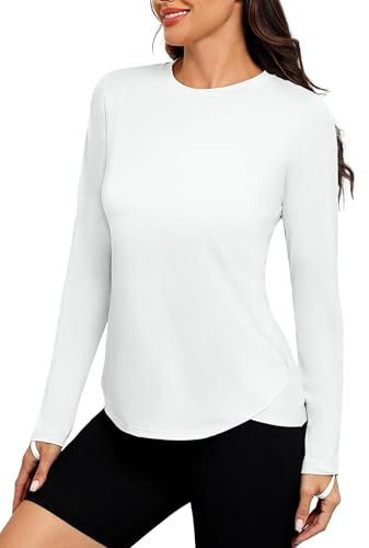 PINSPARK Sport Tshirt Damen Langarm Sport T Shirt UPF 50+ Schnelltrocknend Uv-Schutz Shirt Lässig Workout Laufen Yoga Top Winter Rashguards Wanderoberteile Weiß XL