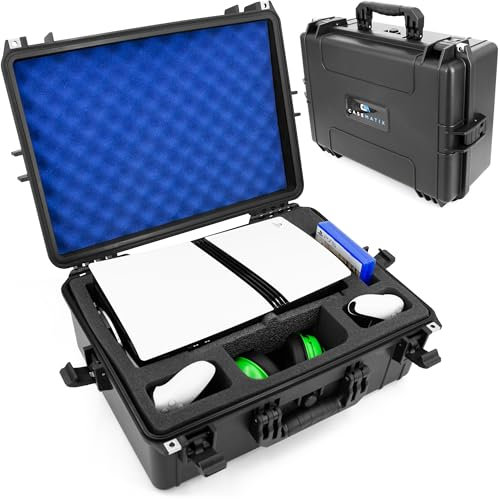 CASEMATIX Reiseetui kompatibel mit PlayStation 5 & PS5 Disc-Laufwerk – Hartschale, wasserdichte Hülle mit benutzerdefiniertem Schaumstoff für Konsole, Controller, Ständer, Headset, Spiele und