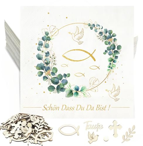 32 Kommunion Servietten Eukalyptus Fishe und 60 Taufe Deko Fisch Holz Streudeko,Schön dass Du da bist Servietten Konfirmation Holzfische für Taufdeko Junge Mädchen Tischdeko Erstkommunion Deko Set