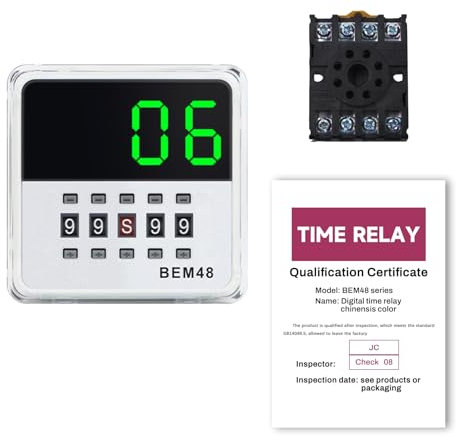 Rele 220V Rele temporizador 24V 0,1S-99H CC/CA 24-240V Relé con pantalla LED digital de 8 patillas + base (retardo de corriente/2 enclavamientos/2 abierto) BEM48S-2Z luz verde.