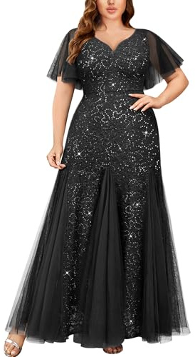 MISSMAY Women's Plus Size Sequins Lace Tulle Sweetheart Neck Ruffle Sleeves Formal Evening Party Maxi Dress (1XL, Black)