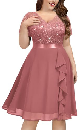 MISSMAY Women's Plus Size Vintage Floral Lace Sequin V-Neck Ruffle Cocktail Party Formal Fit and Flare Swing Dress (1XL, Dusty Pink)