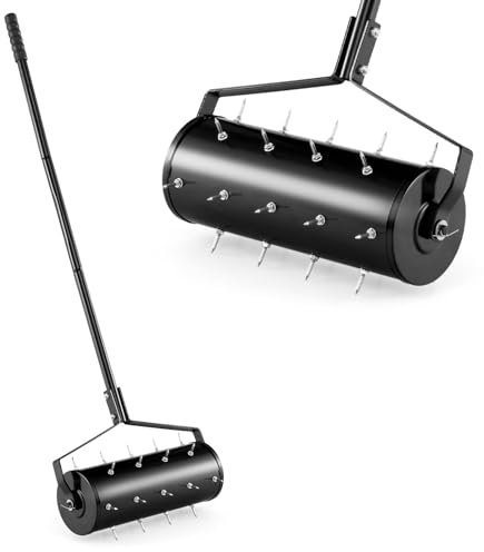 COSTWAY Garden Rolling Lawn Aerator, 45cm/53cm Manual Grass Spikes Roller with 130cm Detachable Handle, Heavy Duty Steel Rotary Push Pull Tine Garden Lawn Tool (45 x 130cm(L x H), Black)