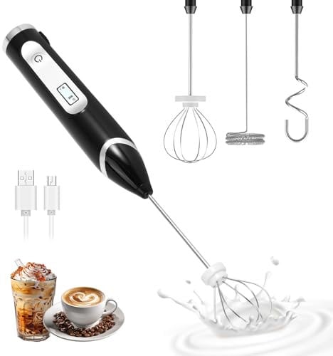 Frullino Montalatte Elettrico Ricaricabile con Display, 3 Velocità, Impermeabile, in Acciaio Inox, per Caffè, Latte, Cappuccino, Uova, con 3 Fruste Intercambiabili