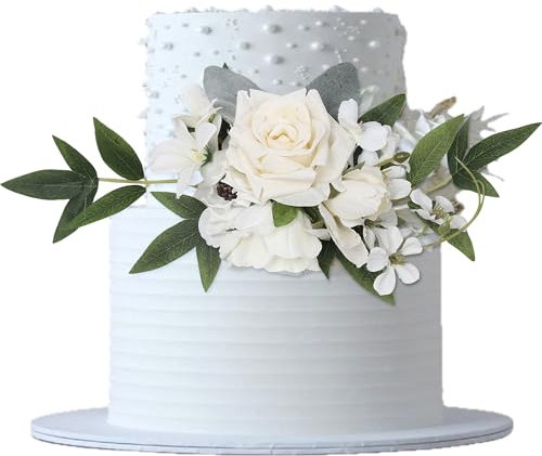 Xsstarmi 1 Pack Assembled Artificial Flowers Cake Topper Decoration Artificial Leaves Fake Flowers White Rose Cake Pick for Wedding Birthday Valentine's Day Party DIY Cake Decorations Supplies