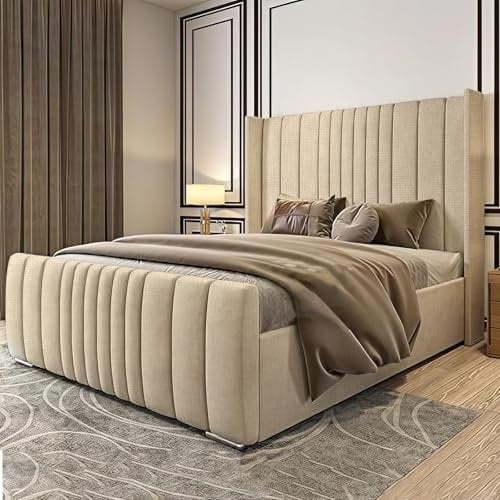 DBZ BEDS Ottoman Winged Bed Set 6FT Super King with 2000 Series Medium Firmness Mattress – Cream Plush Velvet Bed Frame with Gas Lift Storage – 48” Headboard & Chrome Legs – Handmade in the UK