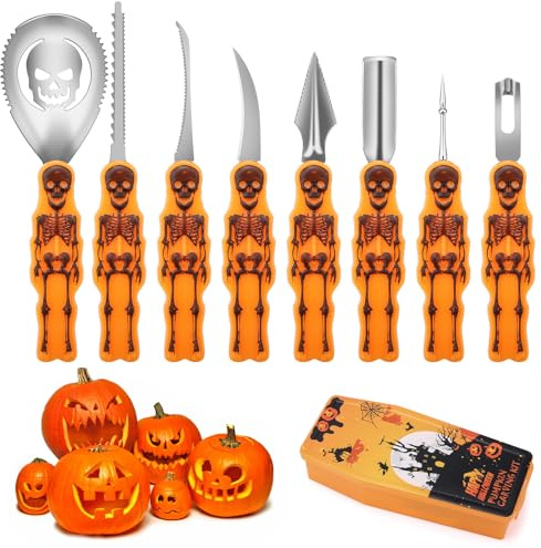 Orchideeknc Halloween Pumpkin Carving Kit, 8 Pieces Heavy Duty Stainless Steel Pumpkin Sculpting Tools with Storage Box