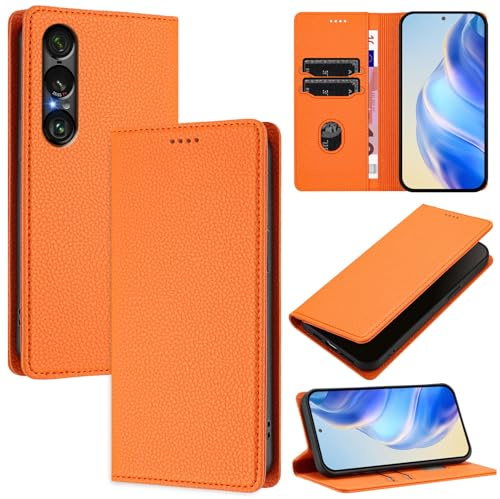 ShouBao Compatible with Sony Xperia 1 VII Case Cover,Compatible with Sony Xperia 1 VII 5G 2025 Flip PU Leather Magnetic Protective Leather Case Orange