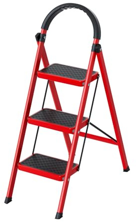 3 Step Ladder, Folding Step Stool with Anti-Slip Pedals and Rubber Feet, Heavy Duty Steel Frame, 150kg Capacity, Portable for Home and Kitchen Use (Red)