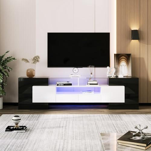 Kelodan Mueble de TV elegante de 200 cm, color blanco brillante y negro, iluminación LED, superficie de cristal, muebles de salón, diseño moderno