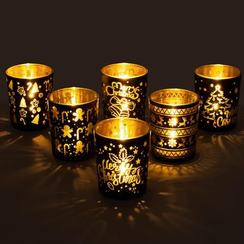Romcanmy Teelichthalter Weihnachten, 6er Set Schwarz Gold Windlicht Glas für Weihnachtsdeko Tisch, Klein Teelichtgläser with Schneeflocke/Weihnachtsbaum/Rentier/Lebkuchenmann für Winter Party Deko