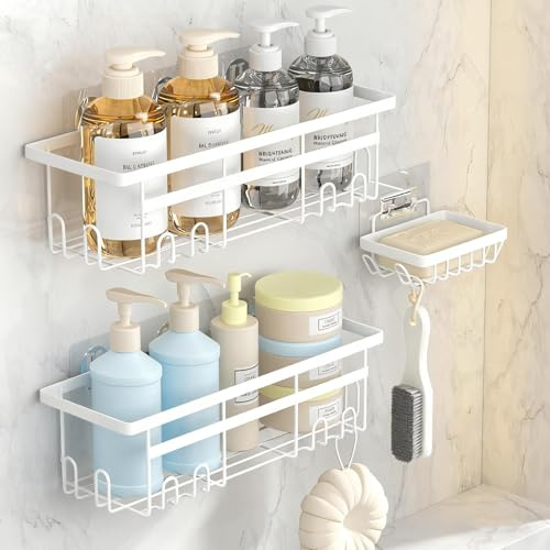 OLYREO 3 Pack Shower Caddy No Drilling Bathroom Shelf Shampoo Holder White | Stainless Steel Bathroom Storage Organiser with 8 Hooks