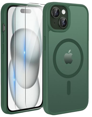 TQIAHF Cover Custodia Magnetica per iPhone 15, Verde | 2 Pellicola Vetro Temperato Protezione Schermo Compatibile con Magsafe Militare Antiurto Sottile Opaca Telefono Case