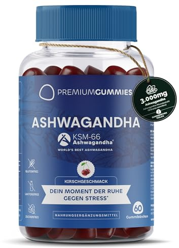 Ashwagandha KSM-66 Gummibärchen, 3000 mg – natürlicher Anti-Stress-Effekt – natürlicher Kirschgeschmack – mit Vitaminen B6, B12 und D3 – Zuckerfrei – vegan – glutenfrei – ohne GMO – 60 Gummibärchen