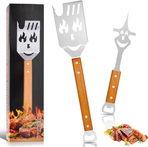 Cyiecw 7 in 1 Multifunktions Grillbesteck Set, 2 Stück Edelstahl Grillspachtel mit Holzgriff, Grillwender Grillgabel Grill Zubehör für Barbecue, Grill Geschenke für Männer, Papa und Grillfans