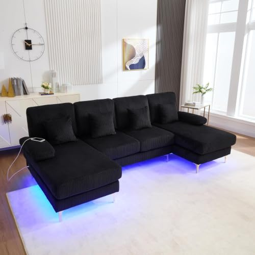 YanguVibes Sofa 4-Sitzer Ecksofa U-Form mit USB, LED und Kissen | Polstersofa, F-Form, Ottomane, Massivholzrahmen, Wohnzimmer, Samt