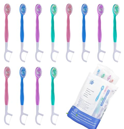5 in 1 Mini-Bürsten - 12 pcs Einwegzahnbürsten mit Zahnpasta + Zahnseide + Pickel + Zungenschaber | Reisegröße | Einzeln verpackt | Weich | Mint | Reiseset (Colorful)