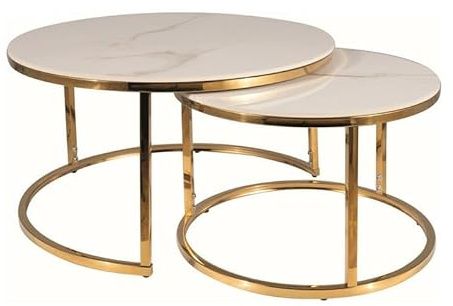 SIGNAL MEBLE, PORTAFINO, Couchtisch, 2-teilig, Keramik-Tischplatte, Luxus Couchtisch Set, Gold-Metallgestell, Ø80/60cm, Weiß/Gold