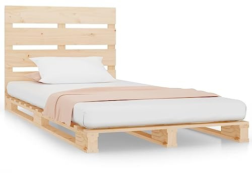Yisssmeng Einzelbett 90x190 cm Massivholzbett Kiefer unbehandelt Modernes Kopfteil mit Latten Jugendbett Gästebett für Schlafzimmer Gästezimmer