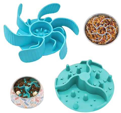 LEBKFT 2PCS Slow Feeder Insert for Dog Bowl, Anti-Bloat Silicone Mat with Strong Suction Cups Slow Eating Bowl Insert for Puppy Large Breed Dogs Universal Fit for Most Bowls (Combination A)