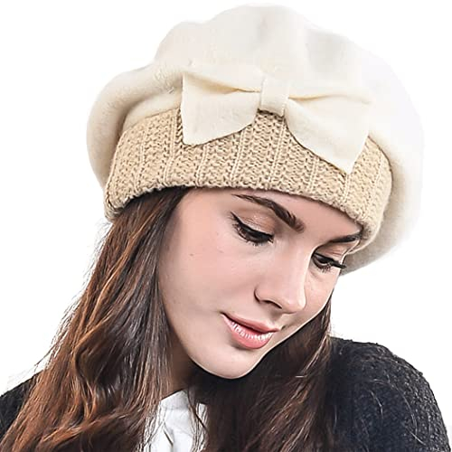 HISSHE Frauen Barette 100% Wolle Baskenmützen Schicke Winter Mütze HY022 (Sahne)