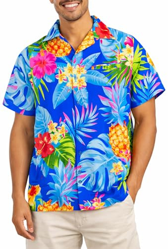 King Kameha Herren Hawaiihemd Kurzarm – Sommer Aloha Shirt mit Ananas-Print, leicht und pflegeleicht