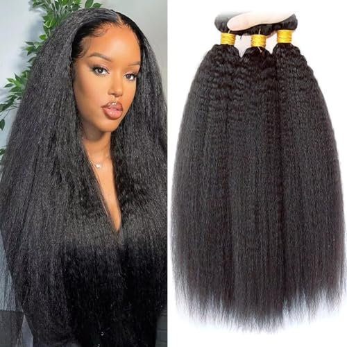 Ladiaryf Yaki Straight Bundles Human Hair Bundles 8 10 12 inch Kinky Straight Hair 3 Bundle 10A Brazilian Kinky Straight Human Hair Weave For Black Women Natural Color