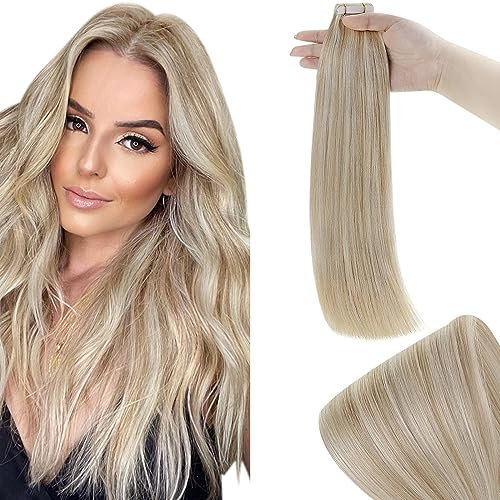 RUNATURE Tape in Extensions Echthaar Blond Highlight Extensions Echthaar Tape s 20 Stücks 45cm 50g Blond Unsichtbare Haarverlängerung Echthaar Tapes Farbe #18P60 Aschblond Mit Platinblond
