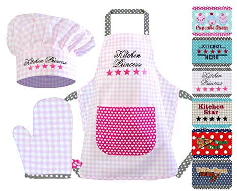 Emily´s Check Kochmütze + Küchenschürze + Topfhandschuh für Kinder - 3teiliges Set 1428.2002, Kitchen Princess, Small [3-6 Jahre]