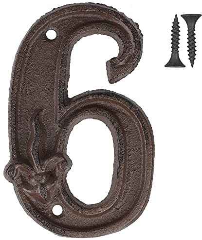 Vandicka Números de forja para indicar la numeración de las casas, puertas y calles, color marrón envejecido, acabado óxido con estampado de flor de lis, 12 cm, 6