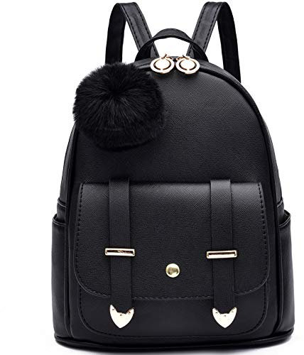 I IHAYNER Zaino alla moda per ragazze, mini zaino, borsa per donne, ragazze, adolescenti, borse in pelle PU con pompon, zaino borsa a tracolla, nero, Small, classico