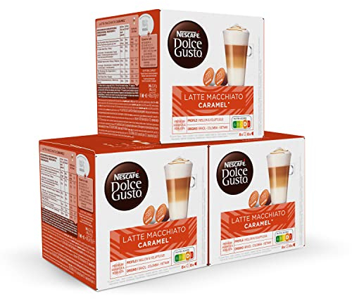 NESCAFÉ Dolce Gusto Latte Macchiato Caramel - Cápsulas de Café, 48 Cápsulas (3 x 16), 8 tazas de café (24 cáps, por taza) - Sabor a caramelo - Originales para cafeteras Dolce Gusto