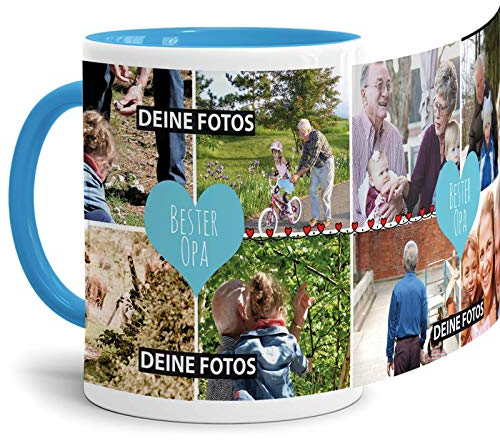 Tassendruck Fototasse mit Spruch - Bester Opa - zum Selbst gestalten mit Foto-Collage für 8 Fotos, Innen & Henkel Hellblau, 300 ml