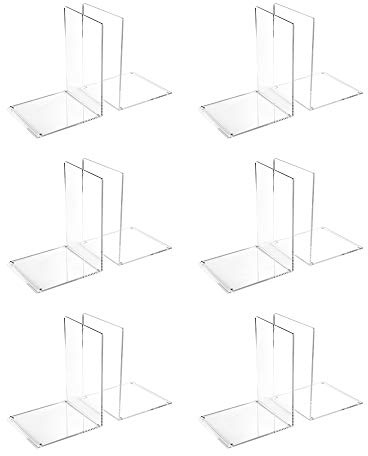 OSCO Set of 2 Acrylic Bookends with Clear Rubber Non-Slip Pads, 6 Pack, Stylish Book Supports for Desk, Office, Shelf or Home, Modern Design, H17.2 × W12 × D12 cm, Clear (Large)