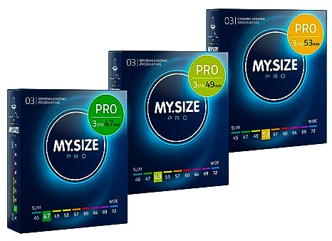 MY.SIZE Preservativi Pro da 1,2,3-47,49,53 mm, vestibilità aderente e vestibilità regolare, 3 x 3 preservativi – Vestibilità perfetta e dimensioni adatte a tutti