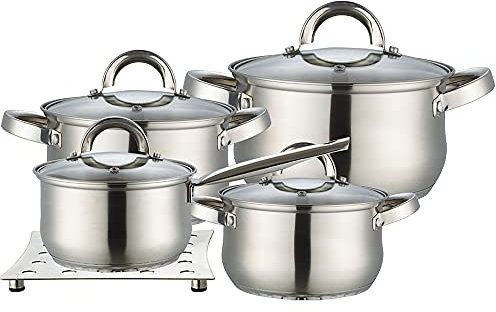 Maestro MR-2021 Batterie de cuisine en acier inoxydable, 8 pièces, induction, 3 casseroles, 1 casserole, 4 couvercles en verre + dessous de plat en acier inoxydable, convient pour tout type de