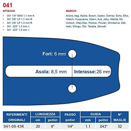 Barra per motosega da potatura Maya passo 1-4 mini spessore 1.1 mm da 52 maglie