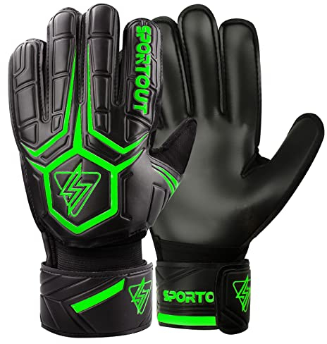 Sportout Torwarthandschuhe mit Fingersave, Fußballhandschuhe, Torwarthandschuhe Herren, 4mm Latex, für Kinder, Erwachsene und Jugendliche (Schwarz-Grün, 7)