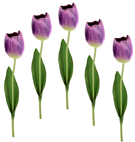 Flair Flower Real Touch Tulpen Tulpenknospen Tulpenbündel Tulpenbund Blüten Frühjahrsdeko Frühlingsdeko Osterdeko Kunstblumen - Künstliche Einzeltulpe Violett 67x4x4 cm