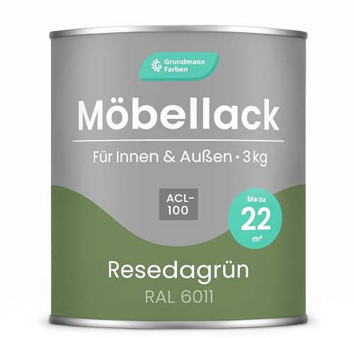 Grundmann Möbellack ACL 100 - Grün 3 Kg - Lösemittelfrei & Geruchsarm - 4in1 Möbelfarbe inkl. Grundierung - Innen und Außenn - Für Holz, Metall & Kunststoff - RAL 6011 Resedagrün