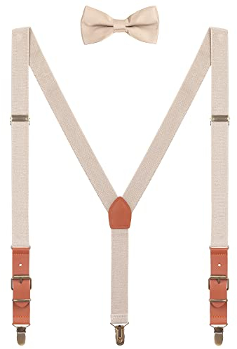 WANYING Hosenträger Fliege Sets für Herren Jugendlichen Y Form 3 Anti-Rost Clips Hosenträger Elastisch Verstellbar Classic Schick Gentleman - Beige