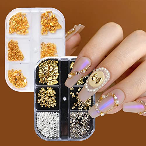 Riceel Nail Charms Métal Chaîne à Ongles Mixte Nail Art Décoration Perle Noeud Papillon Strass Ongle Nail Art 3D Nails Decoration Set 2 Boîtes
