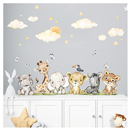 Little Deco Wandsticker Safari Tiere Set Kinderzimmer Wandtattoo Wolken Löwe Babyzimmer Wandaufkleber Deko DL957-4