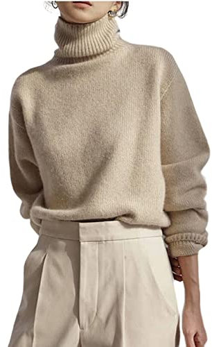 TOBILE Ladies Roll Neck Jumper Faux Cashmere Elegant Turtle Neck Women Sweater Soft Knitted Basic Pullovers O Neck Loose Warm Female Knitwear Jumper-Khaki,One Size